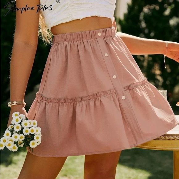 Simplee Plus | Pink Elastic Waist Pleated Ruffle A-Line Mini Skirt - Picture 5 of 11